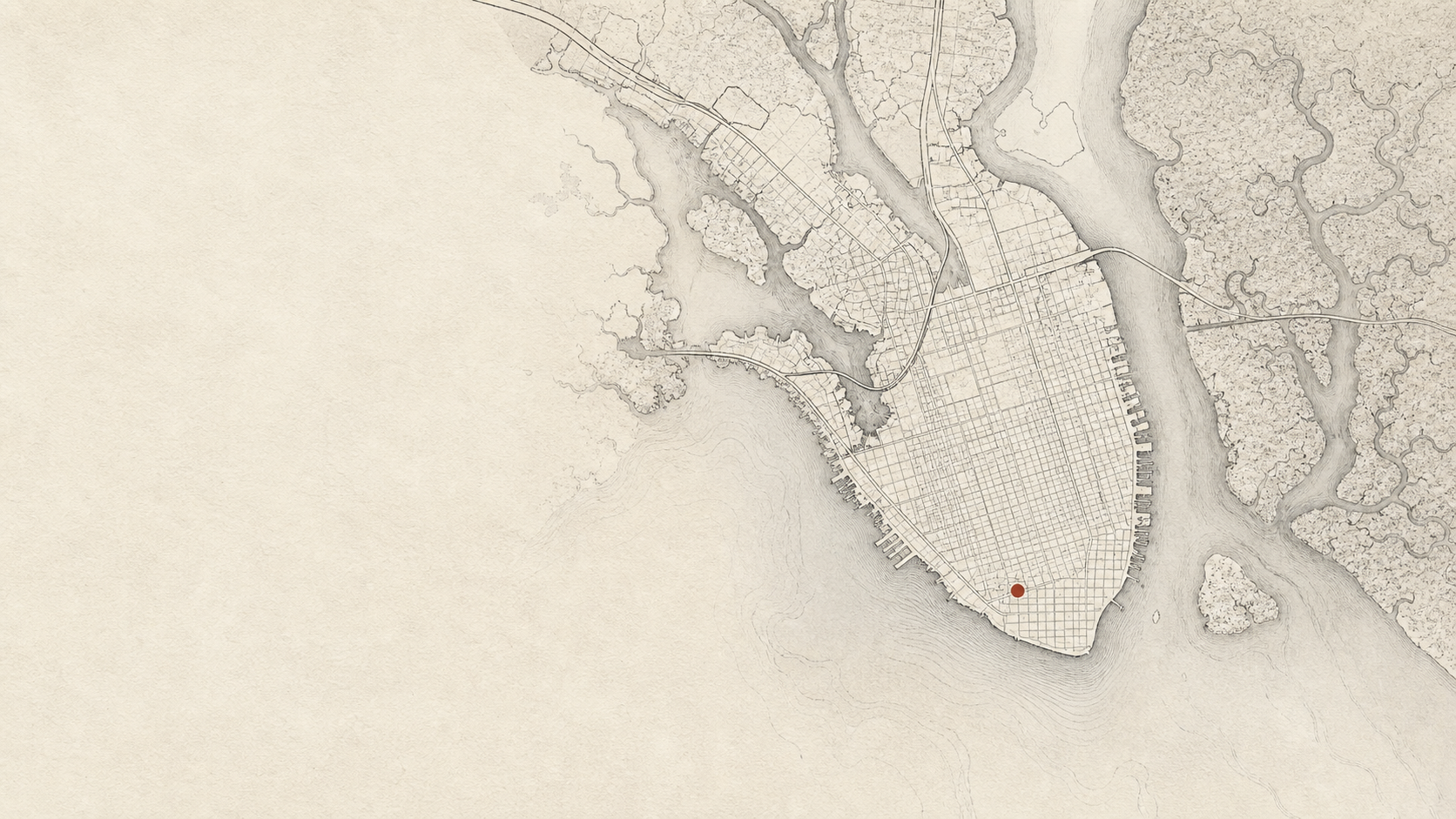 Illustrated map of the Charleston peninsula and surrounding Lowcountry waterways
