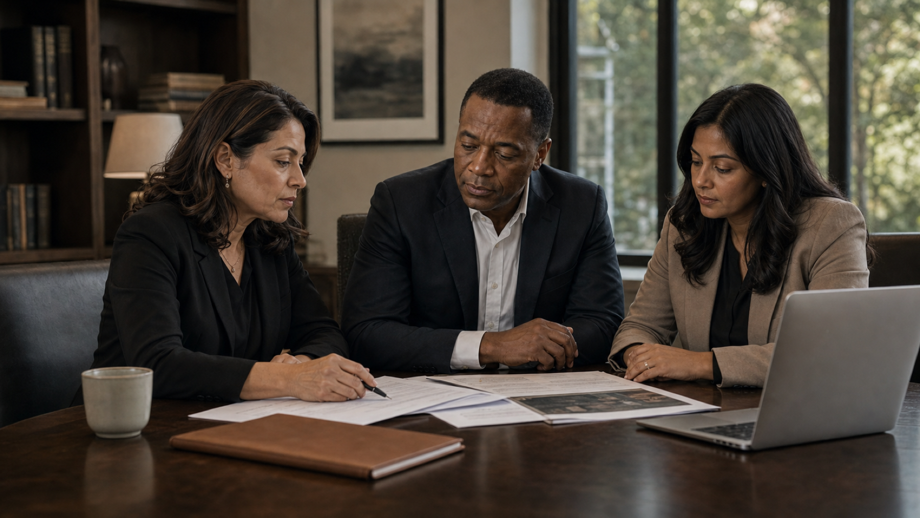 Elena Vasquez, Marcus Reed, and Priya Nair coordinating a family plan together