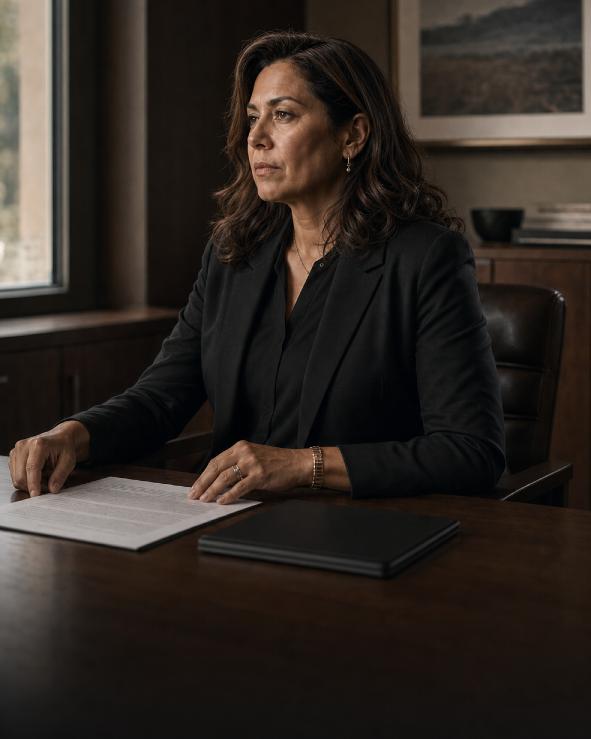 Elena Vasquez reviewing an investment policy at her desk